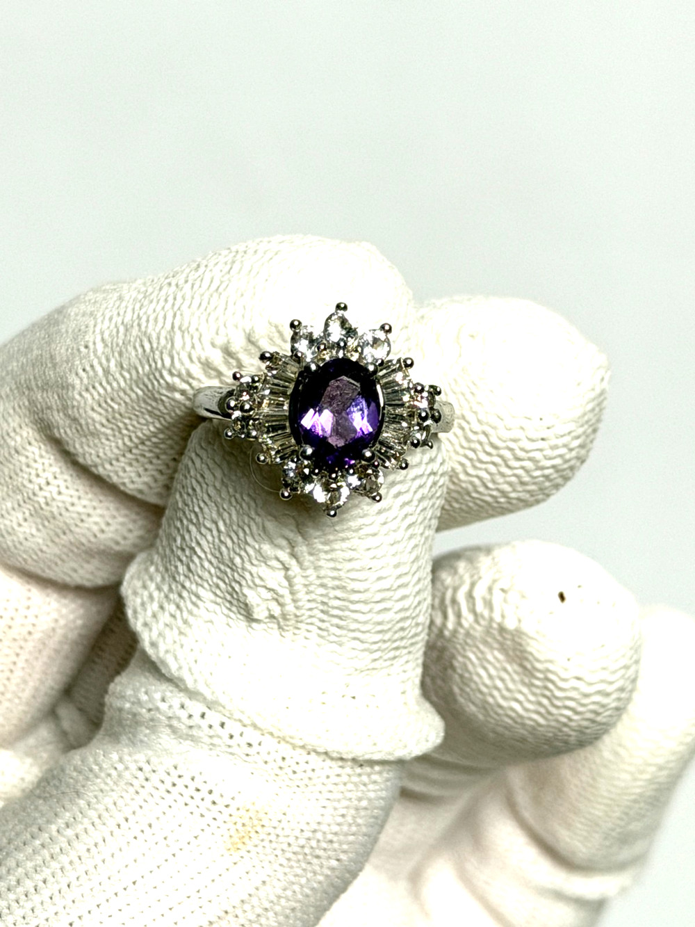 Genuine Amethyst with clear cz stones Sterling Silver 925 Ring Size 6 3/4